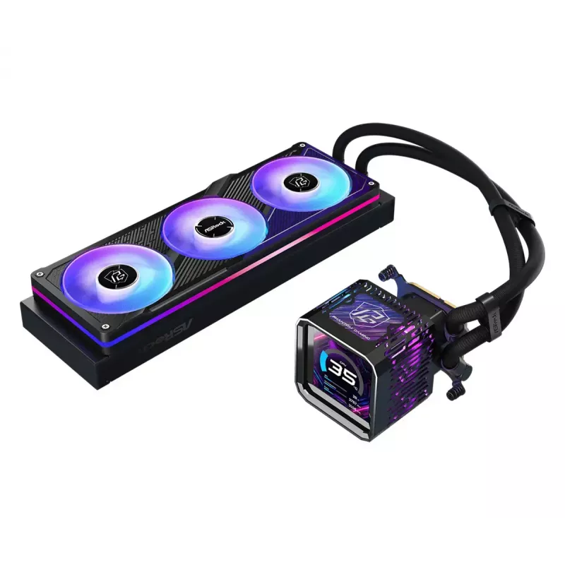 Skysčio aušinimo rinkinys ASRock Phantom Gaming 360 LCD — 120 mm ventiliatoriai, LGA1700/AM5/AM4, juoda
