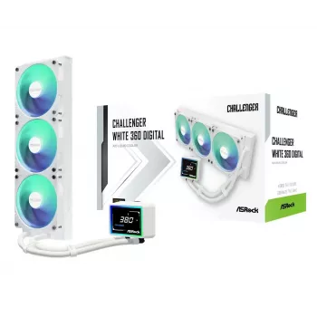 ASROCK Challenger 360 Digital ARGB White — 360 mm procesoriaus skysčio aušintuvas, skaitmeninis ARGB apšvietimas, balta apdaila