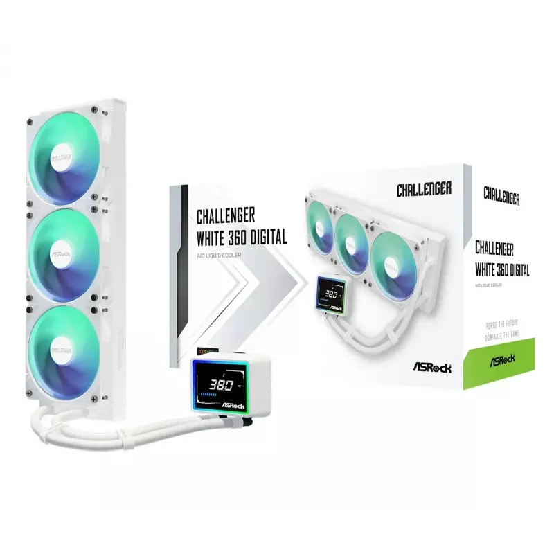 ASROCK Challenger 360 Digital ARGB White — 360 mm procesoriaus skysčio aušintuvas, skaitmeninis ARGB apšvietimas, balta apdaila