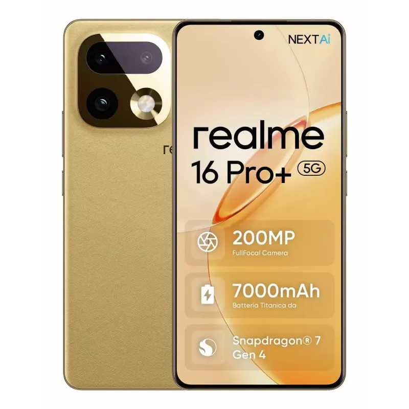 Išmanusis telefonas REALME realme 16 Pro+ — 6,8 colio (17,3 cm) 1280×2800, Snapdragon 7 Gen 4, 12 GB RAM, 512 GB, 200 MP, 7000 mAh, auksinis