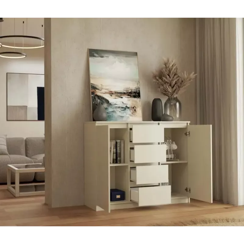 Komoda su 2 durelėmis ir 4 stalčiais TOP E SHOP M-MP-K-MAL-2D4S/120-KASZ, smėlio spalva, 120×40×97 cm, medžio drožlių plokštė