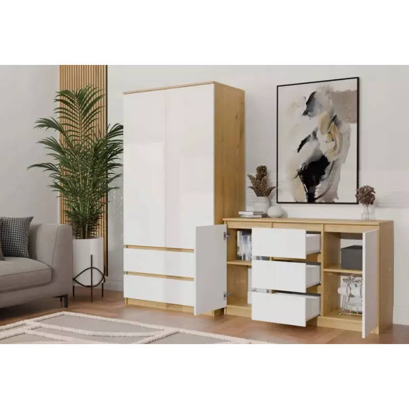 Komoda top e shop ARTISAN 2-durų 3-stalčių, 1200×400×750 mm, balta, medžio drožlių plokštė