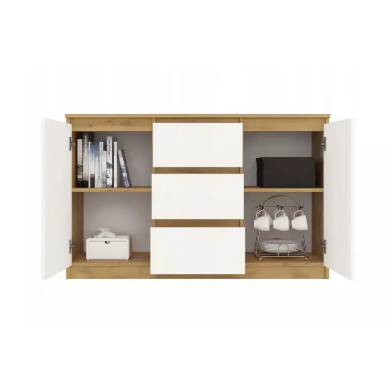 Komoda top e shop ARTISAN 2-durų 3-stalčių, 1200×400×750 mm, balta, medžio drožlių plokštė