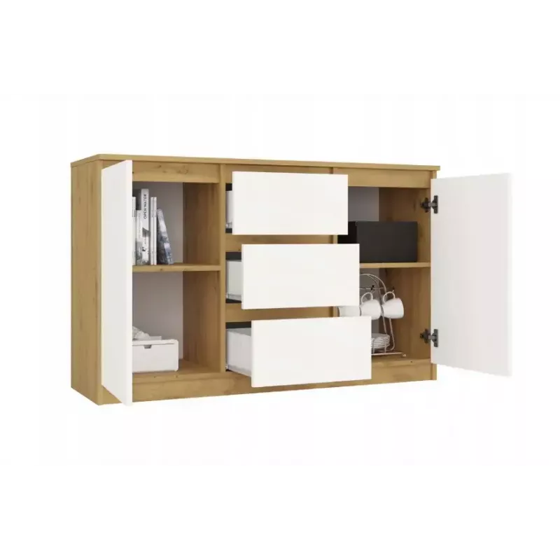 Komoda top e shop ARTISAN 2-durų 3-stalčių, 1200×400×750 mm, balta, medžio drožlių plokštė