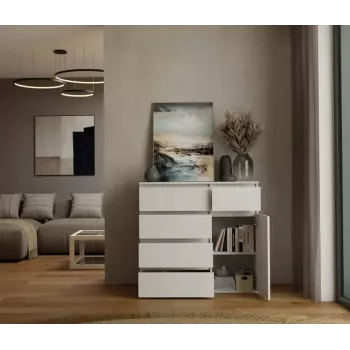 Komoda top e shop MALWA 1D5S, 5 stalčiai, 1 varstomos durys, balta, 1000×400×930 mm, medžio drožlių plokštė