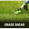 Belaidė žolės žirklė GreenWorks 1600607VA — 12 cm nerūdijančio plieno peilis, 24 V Li‑Ion 2 Ah