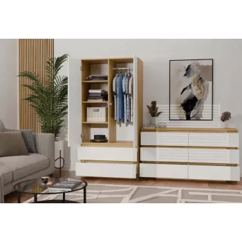 Spinta top e shop MALWA SS-90, 900×500×1800 mm, amatinio ąžuolo rėmas, baltos varstomos durys, 2 stalčiai, medžio drožlių plokštė