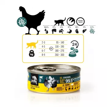 Šlapias kačių maistas 3coty Vištiena su spirulina 80 g — pilnavertis konservuotas ėdalas suaugusioms katėms