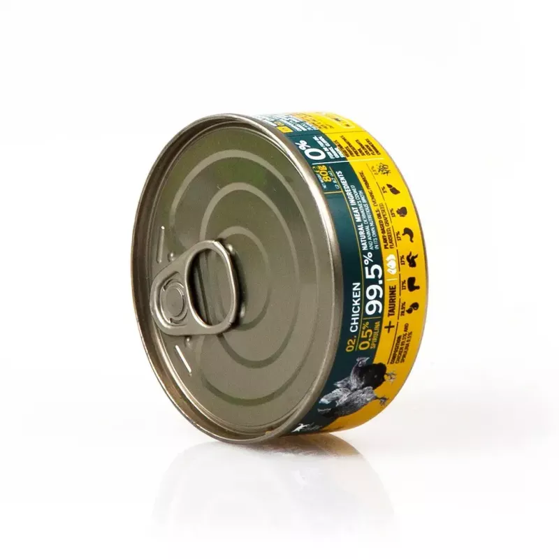 Šlapias kačių maistas 3coty Vištiena su spirulina 80 g — pilnavertis konservuotas ėdalas suaugusioms katėms