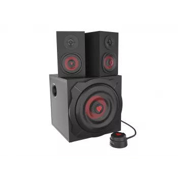 Garsiakalbių rinkinys GENESIS Helium 610BT 2.1, 60 W RMS, Bluetooth, laidinis, raudona/juoda, kompaktiškas žemų dažnių garsiakalbis