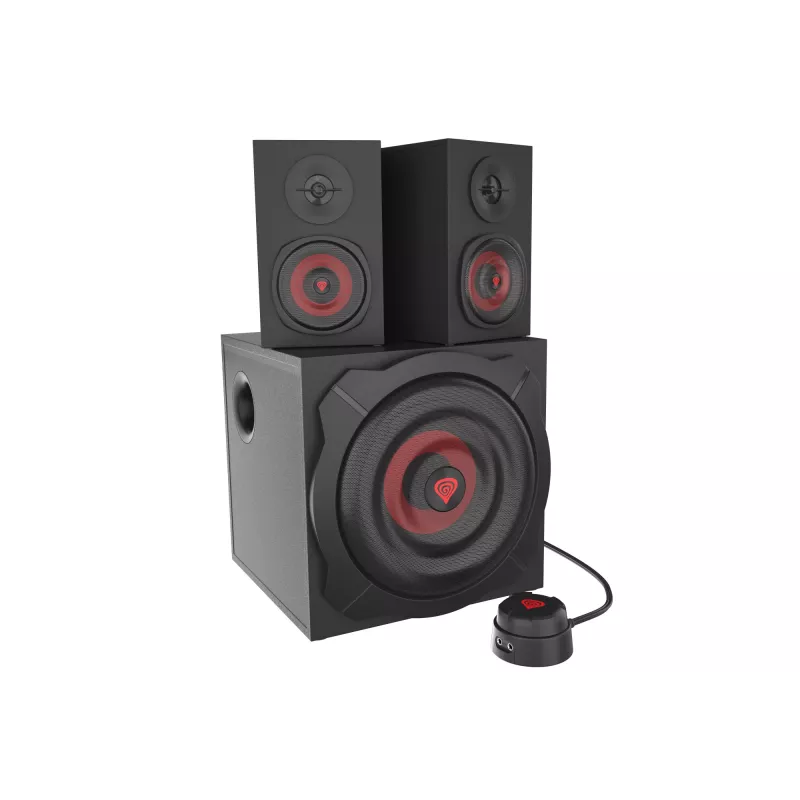 Garsiakalbių rinkinys GENESIS Helium 610BT 2.1, 60 W RMS, Bluetooth, laidinis, raudona/juoda, kompaktiškas žemų dažnių garsiakalbis