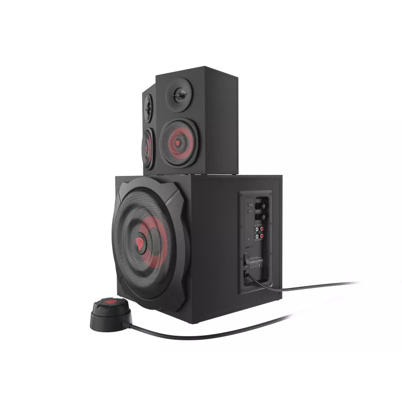 Garsiakalbių rinkinys GENESIS Helium 610BT 2.1, 60 W RMS, Bluetooth, laidinis, raudona/juoda, kompaktiškas žemų dažnių garsiakalbis