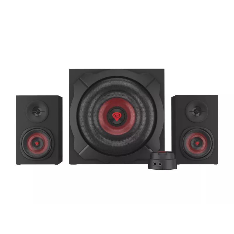Garsiakalbių rinkinys GENESIS Helium 610BT 2.1, 60 W RMS, Bluetooth, laidinis, raudona/juoda, kompaktiškas žemų dažnių garsiakalbis