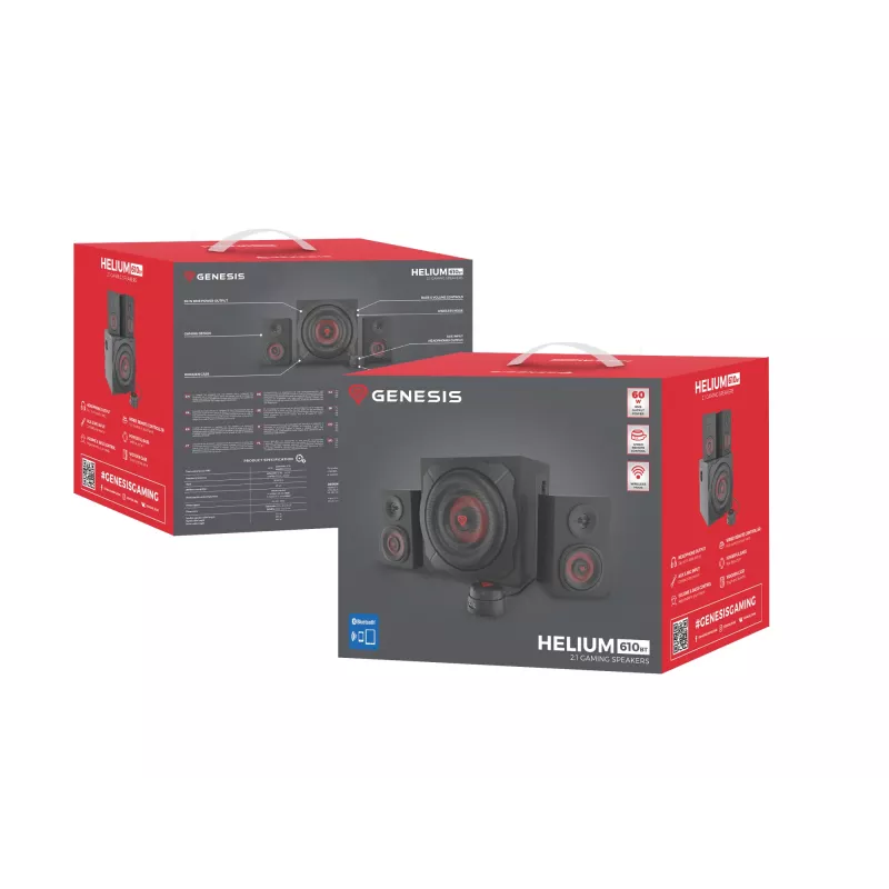 Garsiakalbių rinkinys GENESIS Helium 610BT 2.1, 60 W RMS, Bluetooth, laidinis, raudona/juoda, kompaktiškas žemų dažnių garsiakalbis