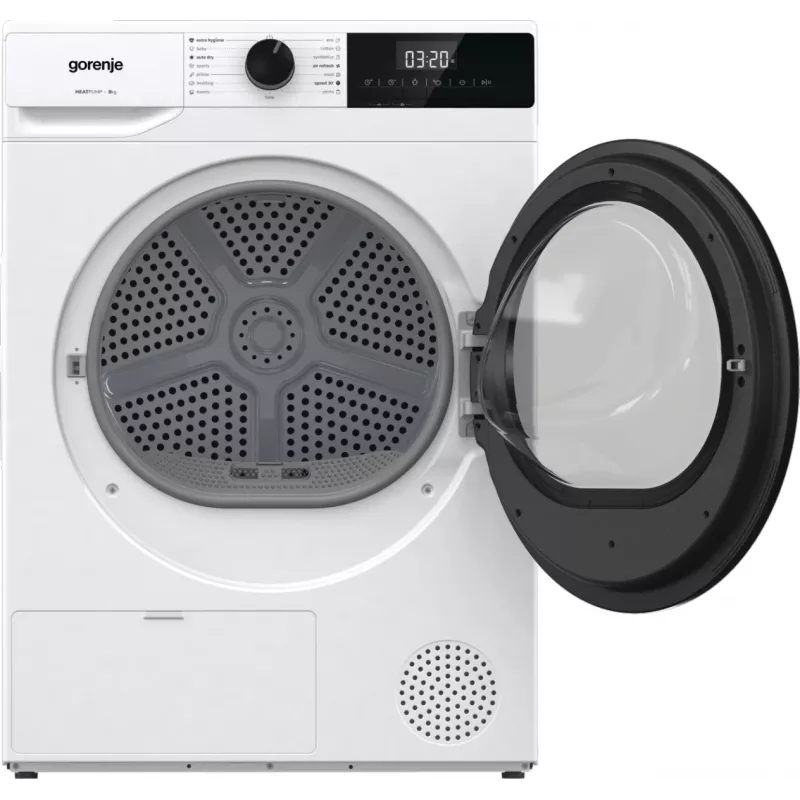Gorenje Torktumlare DHNE82 BK040, atskirai stovintis, priekinio įkrovimo, šilumos siurblys, baltas, mygtukai, sukamoji rankenėlė, dešinė