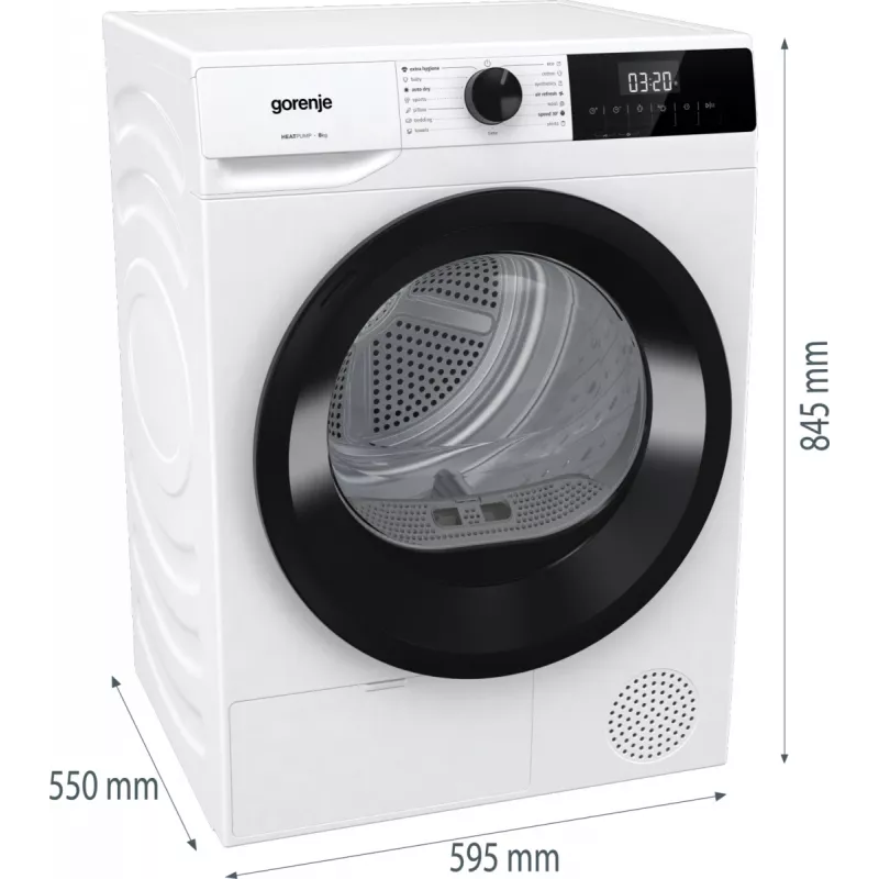 Gorenje Torktumlare DHNE82 BK040, atskirai stovintis, priekinio įkrovimo, šilumos siurblys, baltas, mygtukai, sukamoji rankenėlė, dešinė