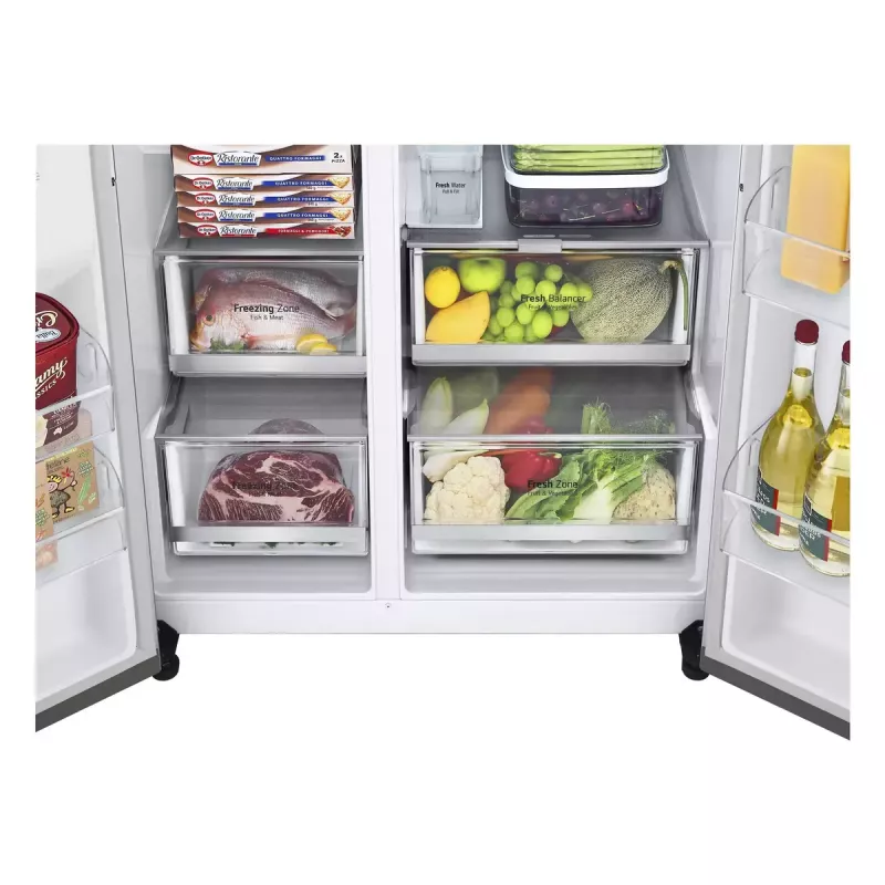 Šaldytuvas Side-by-side LG GSGV81PYLL, 635 L bendra talpa, šaldytuvas 416 L, šaldiklis 219 L, metalinė sidabrinė