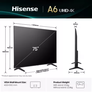 Hisense 75A6Q televizorius 190,5 cm (75 colių) 4K Ultra HD išmanusis televizorius Wi-Fi juodas