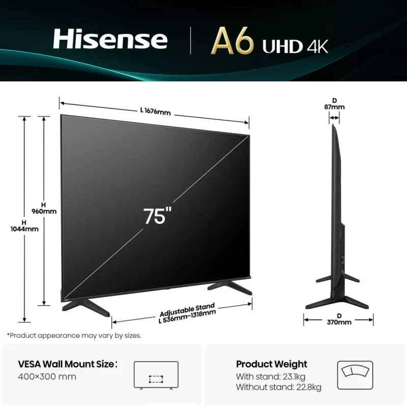 Hisense 75A6Q televizorius 190,5 cm (75 colių) 4K Ultra HD išmanusis televizorius Wi-Fi juodas