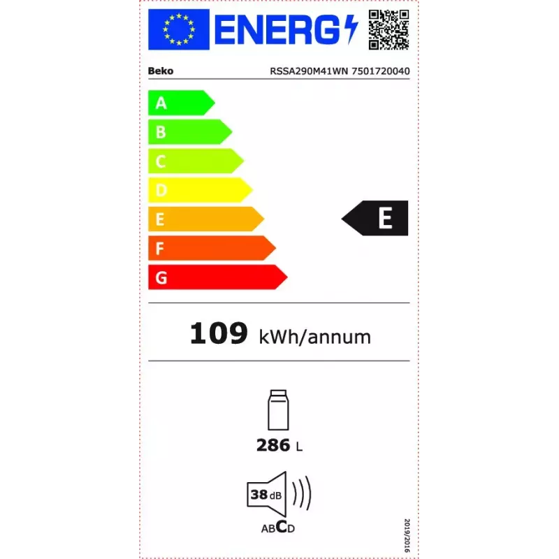 Laisvai pastatomas šaldytuvas BEKO RSSA290M41WN — 286 L talpa, E energijos klasė, 38 dB, baltas