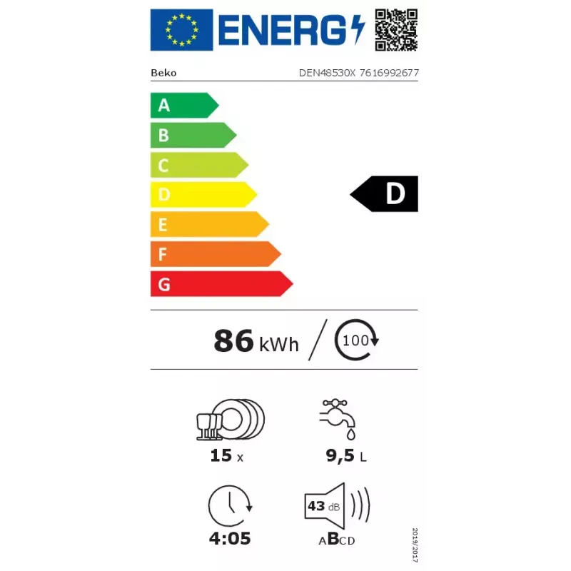 Laisvai pastatoma indaplovė BEKO DEN48530X, 15 komplektų, 8 programos, 44 dB, 598×850×600 mm