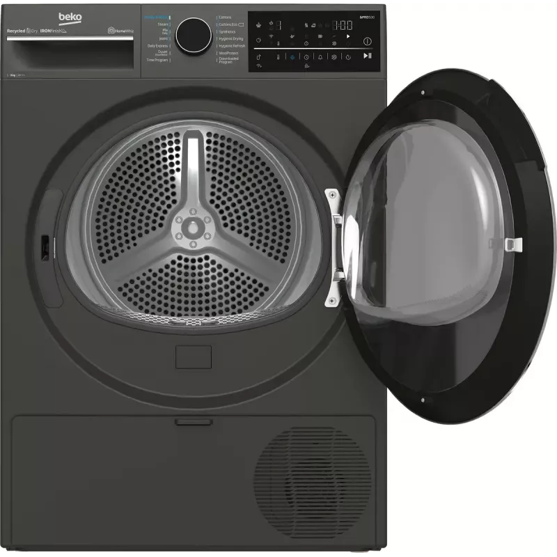 Skalbinių džiovyklė BEKO B5T89243M — atskirai stovinti, priekinio pakrovimo, šilumos siurblys, 9 kg, juoda, 598×672×846 mm