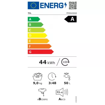 Skalbimo mašina TCL FP0944WA0 — su priekiniu pakrovimu, 9 kg, 1400 aps./min., A klasė, LED ekranas, garų funkcija, 60×56×85 cm, balta
