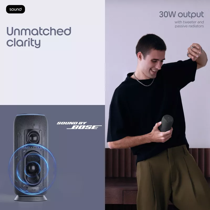 Vieno kanalo nešiojama kolonėlė Motorola moto sound flow Carbon — 30 W RMS, USB-C, belaidė, medžiaginis korpusas