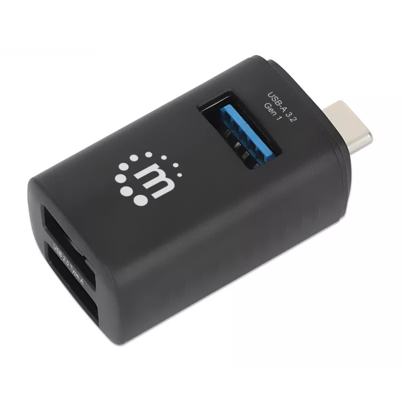 Manhattan USB-C 3 prievadų šakotuvas, ULTRA KOMPAKTIŠKAS, 3x USB-A prievadai (1x 5 Gbps USB 3.2 Gen1, dar žinomas kaip USB 3.0, 3 x 480 Mbps USB 2.0), maitinamas per USB (išorinis maitinimo šaltinis nereikalingas)