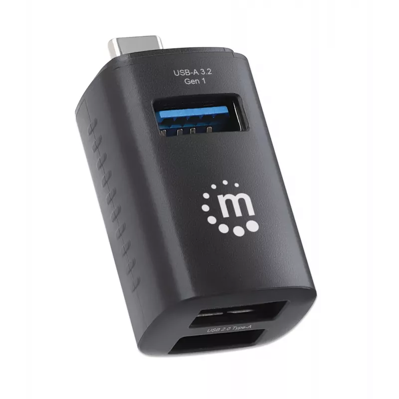 Manhattan USB-C 3 prievadų šakotuvas, ULTRA KOMPAKTIŠKAS, 3x USB-A prievadai (1x 5 Gbps USB 3.2 Gen1, dar žinomas kaip USB 3.0, 3 x 480 Mbps USB 2.0), maitinamas per USB (išorinis maitinimo šaltinis nereikalingas)
