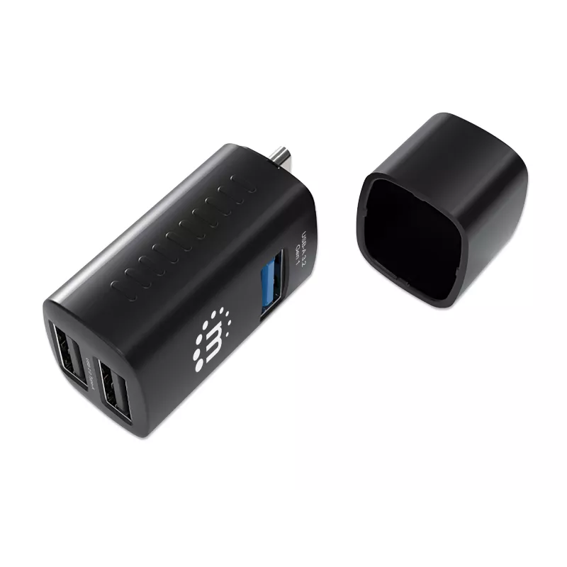Manhattan USB-C 3 prievadų šakotuvas, ULTRA KOMPAKTIŠKAS, 3x USB-A prievadai (1x 5 Gbps USB 3.2 Gen1, dar žinomas kaip USB 3.0, 3 x 480 Mbps USB 2.0), maitinamas per USB (išorinis maitinimo šaltinis nereikalingas)