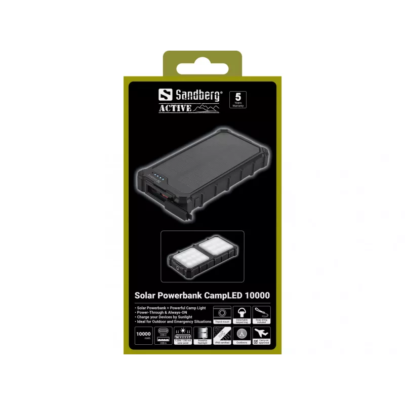 Sandberg Solar Powerbank CampLED 10000, 10000 mAh, programuojamas maitinimo šaltinis (PPS), 3,7 V, 15 W, juoda