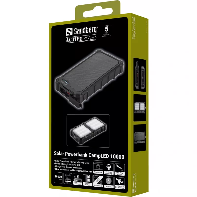 Sandberg Solar Powerbank CampLED 10000, 10000 mAh, programuojamas maitinimo šaltinis (PPS), 3,7 V, 15 W, juoda