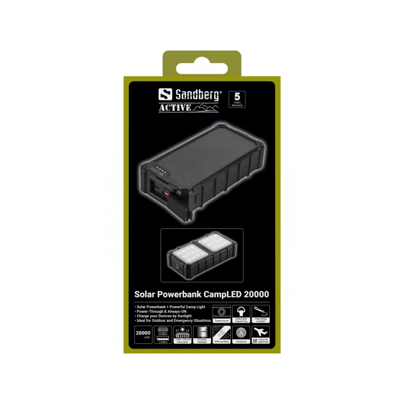 Sandberg Solar Powerbank CampLED 20000, 20000 mAh, programuojamas maitinimo šaltinis (PPS), 3,7 V, 15 W, juoda