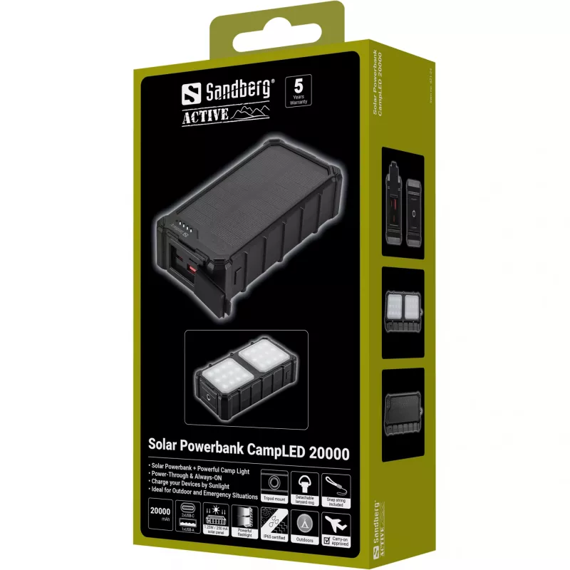 Sandberg Solar Powerbank CampLED 20000, 20000 mAh, programuojamas maitinimo šaltinis (PPS), 3,7 V, 15 W, juoda