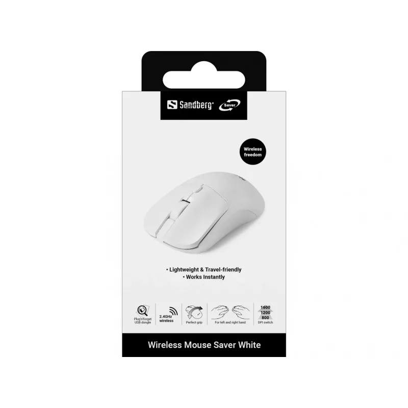 „Sandberg Wireless pelė Saver“ belaidė pelė, balta, abiem rankoms tinkama, 1600 DPI