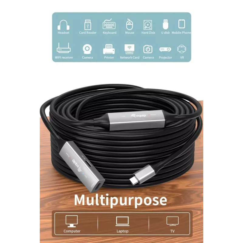 USB-C į USB-C aktyvus ilginimo kabelis EQUIP 10 m, USB 3.2 Gen 1 (5 Gbps), juodas