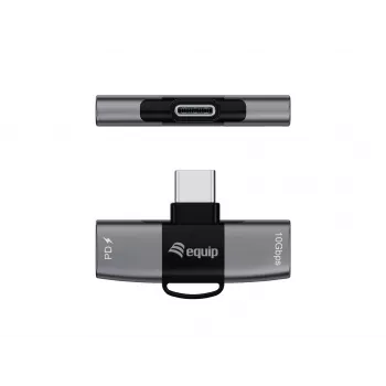 Adapter USB-C OTG 2-in-1 EQUIP 133479 — 100W PD, 10Gbps, 1x USB-C į 2x USB-C, pilkas