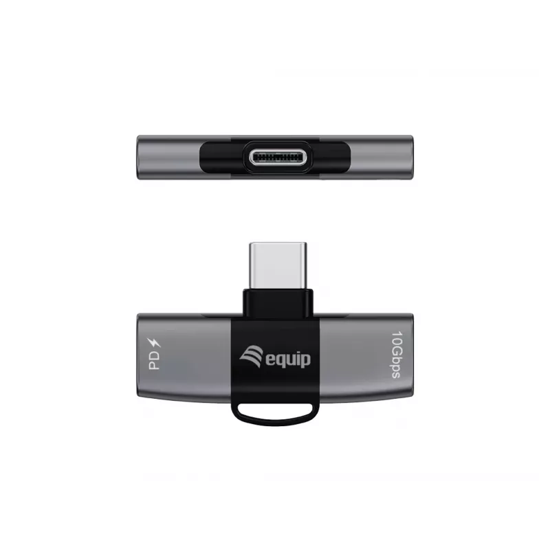 Adapter USB-C OTG 2-in-1 EQUIP 133479 — 100W PD, 10Gbps, 1x USB-C į 2x USB-C, pilkas