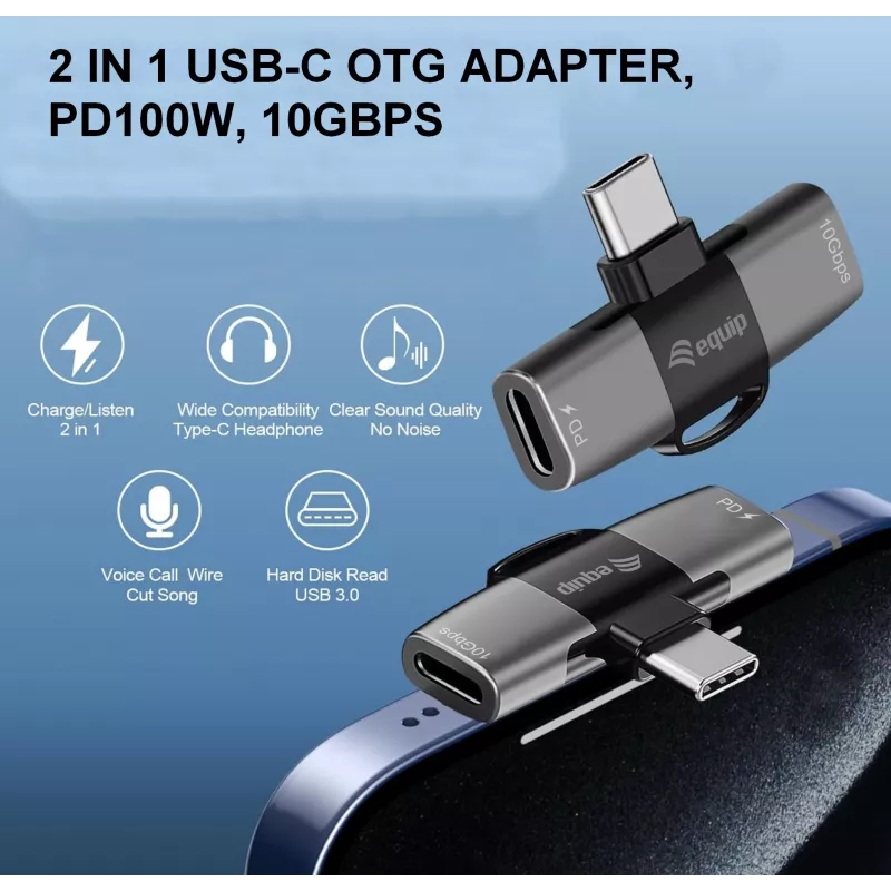 Adapter USB-C OTG 2-in-1 EQUIP 133479 — 100W PD, 10Gbps, 1x USB-C į 2x USB-C, pilkas