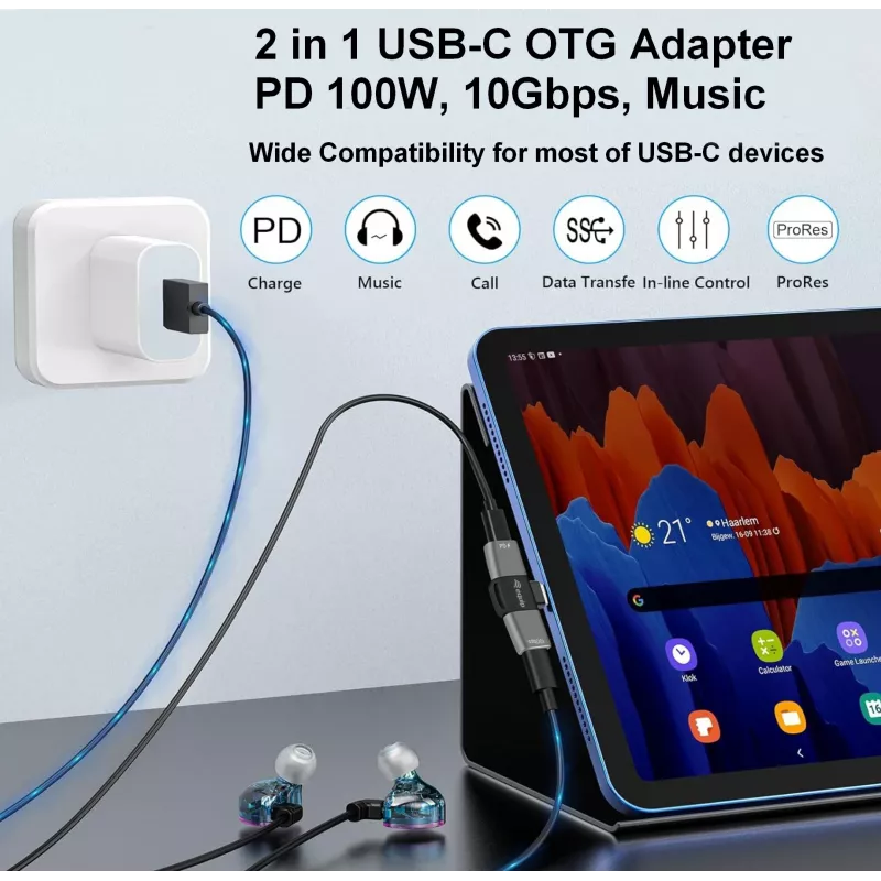 Adapter USB-C OTG 2-in-1 EQUIP 133479 — 100W PD, 10Gbps, 1x USB-C į 2x USB-C, pilkas