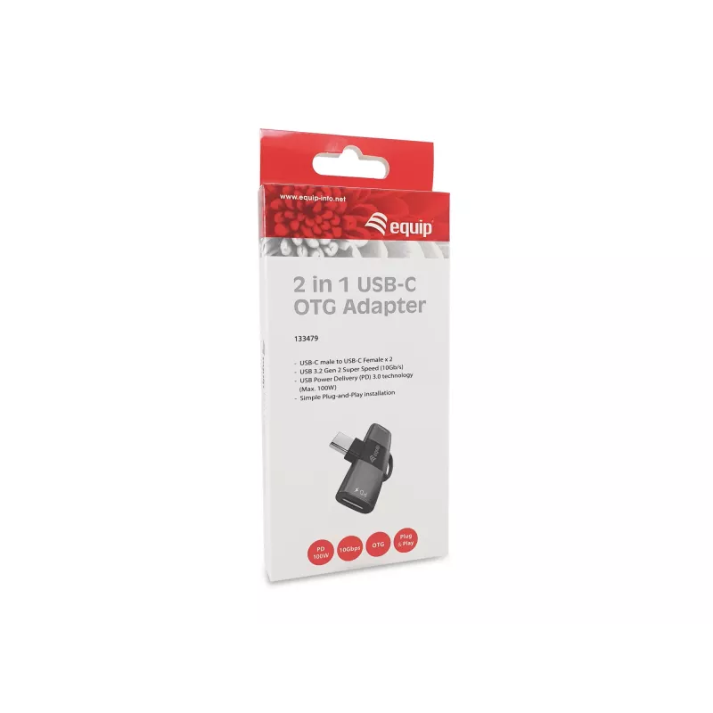 Adapter USB-C OTG 2-in-1 EQUIP 133479 — 100W PD, 10Gbps, 1x USB-C į 2x USB-C, pilkas