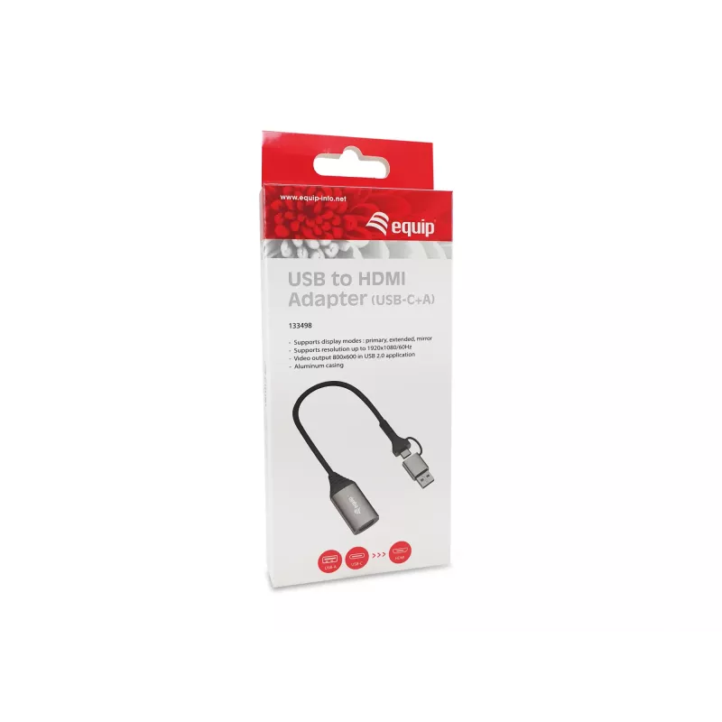 USB į HDMI adapteris EQUIP 133498 (USB-C ir USB-A kištukas į HDMI, 1080p, aliuminio korpusas, pilkas)