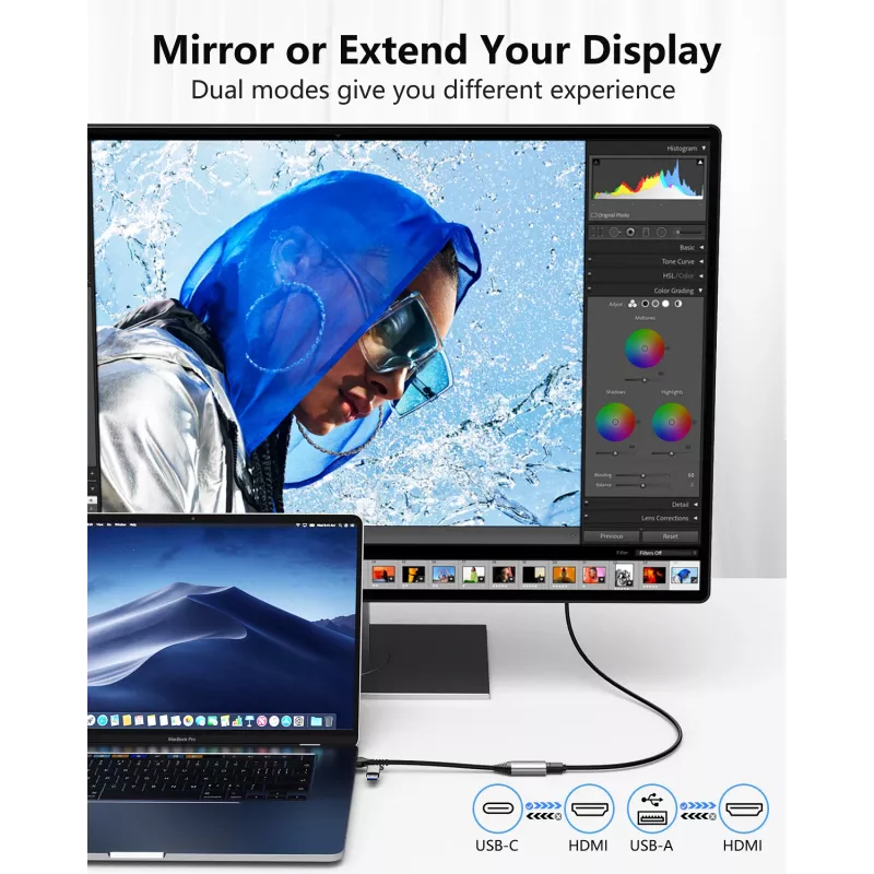 USB į HDMI adapteris EQUIP 133498 (USB-C ir USB-A kištukas į HDMI, 1080p, aliuminio korpusas, pilkas)