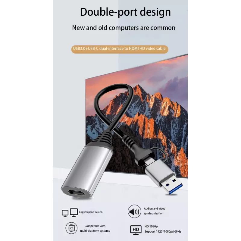 USB į HDMI adapteris EQUIP 133498 (USB-C ir USB-A kištukas į HDMI, 1080p, aliuminio korpusas, pilkas)