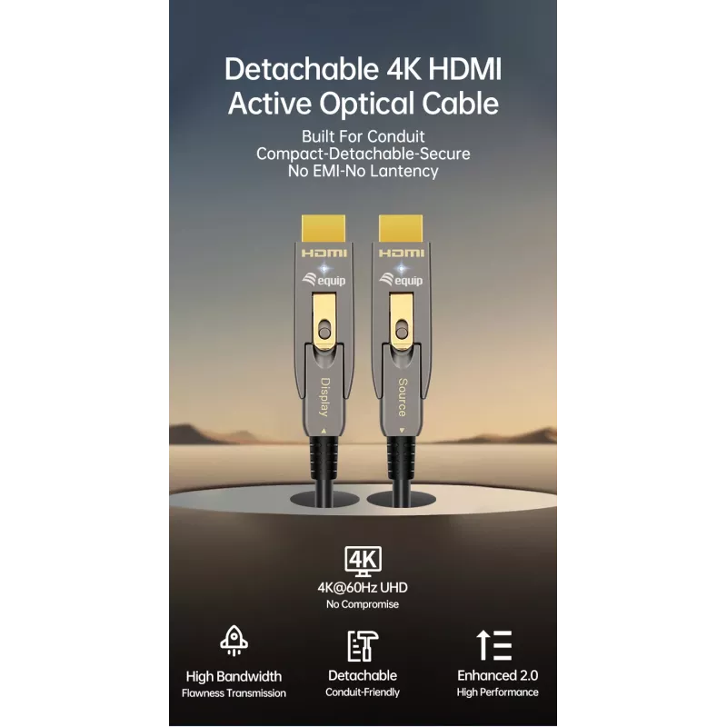 EQUIP HDMI 2.0 aktyvus optinis kabelis 10 m, nuimamos Type-A/Type-D jungtys, 4K/60 Hz, 18 Gbit/s, paauksuoti kontaktai