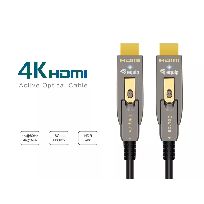 EQUIP HDMI 2.0 aktyvus optinis kabelis 15 m — nuimamas A/D tipo, 4K@60Hz, 18 Gbit/s, paauksuoti kontaktai