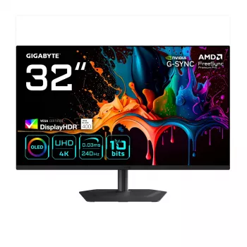 32 colių GIGABYTE MO32U2 QD-OLED 4K UHD žaidimų monitorius — 3840×2160, 240Hz, 0,03ms, 250 cd/m², HDMI 2.1, DisplayPort 1.4