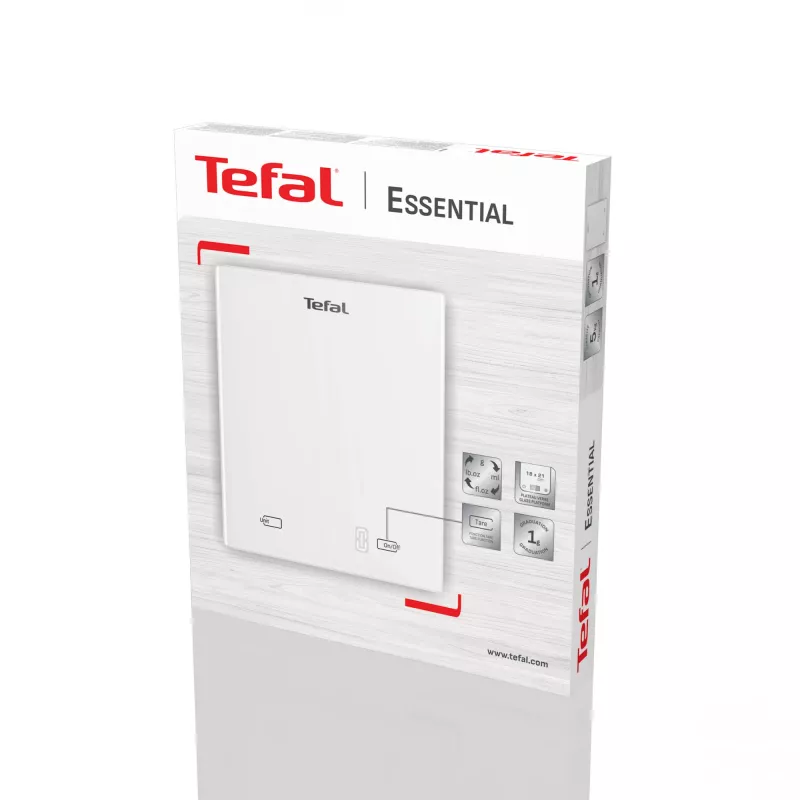 Elektroninė virtuvinė svarstyklė Tefal Essential BC5504V0 – 5 kg talpa, 1 g tikslumas, LCD ekranas, balta