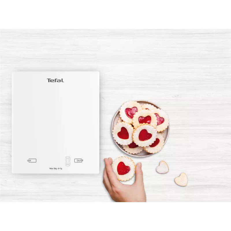 Elektroninė virtuvinė svarstyklė Tefal Essential BC5504V0 – 5 kg talpa, 1 g tikslumas, LCD ekranas, balta